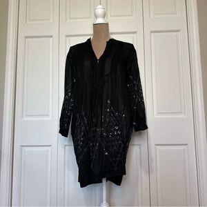 Chicos Size 2 Sheer Black Sequined V-neck Tunic Witchy Fairy Core 100% Cotton
